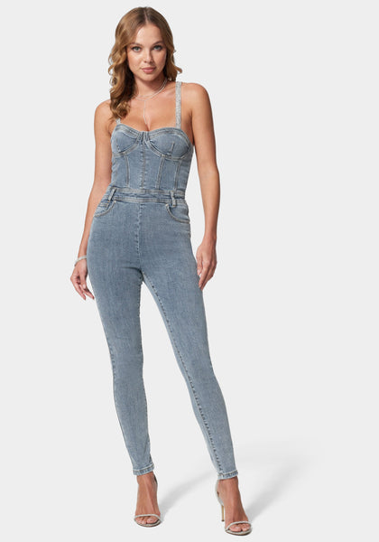 Denim Corset Top Skinny Leg Jumpsuit bebe