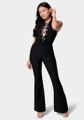 Satin Twill Sleeveless Eyelet Detail Wide Leg Jumpsuit | bebe