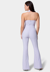 Satin Twill Sleeveless Eyelet Detail Wide Leg Jumpsuit | bebe