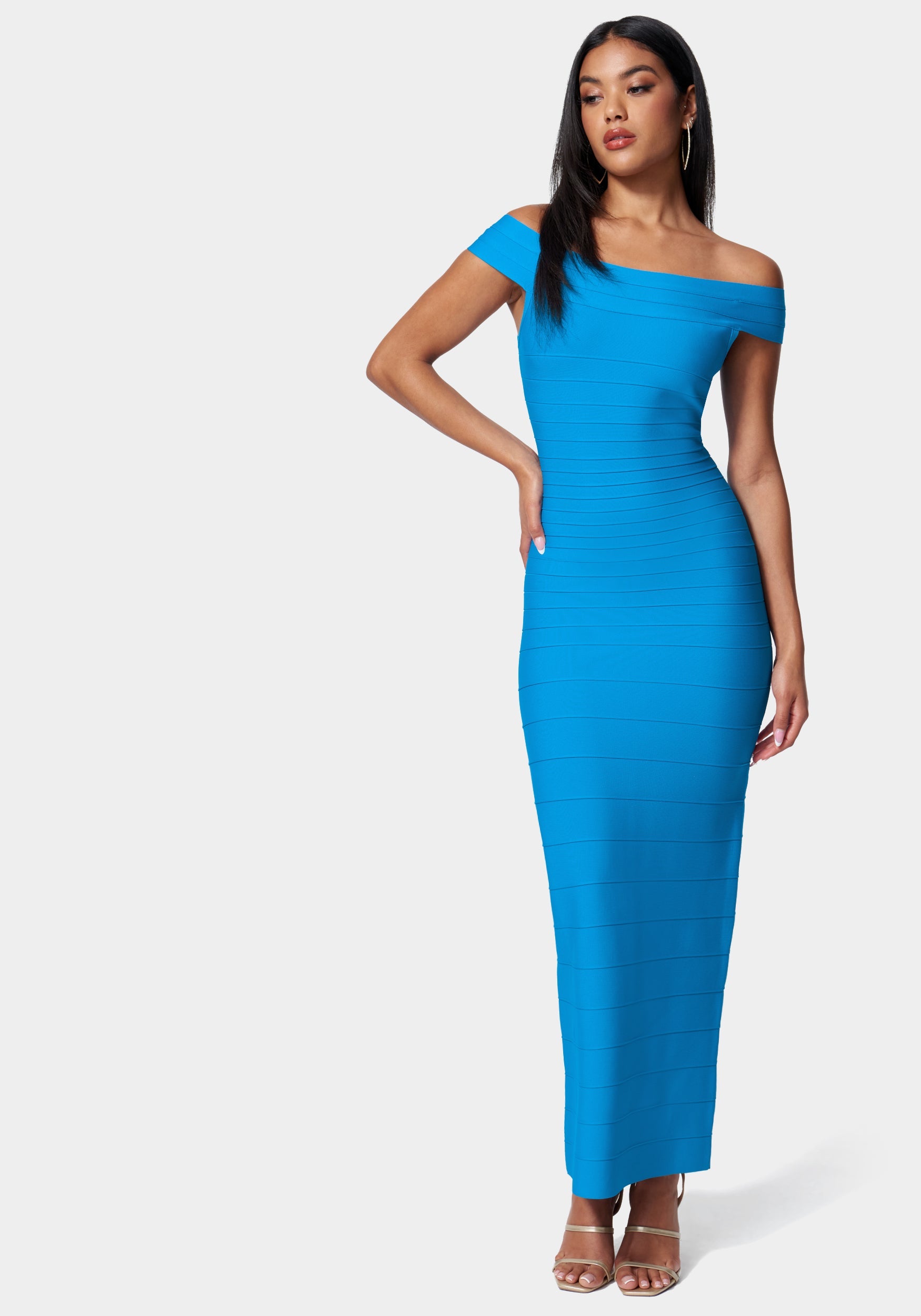 bebe off shoulder bandage dress Asymmetrical High Slit Bandage Midi Dress  bebe