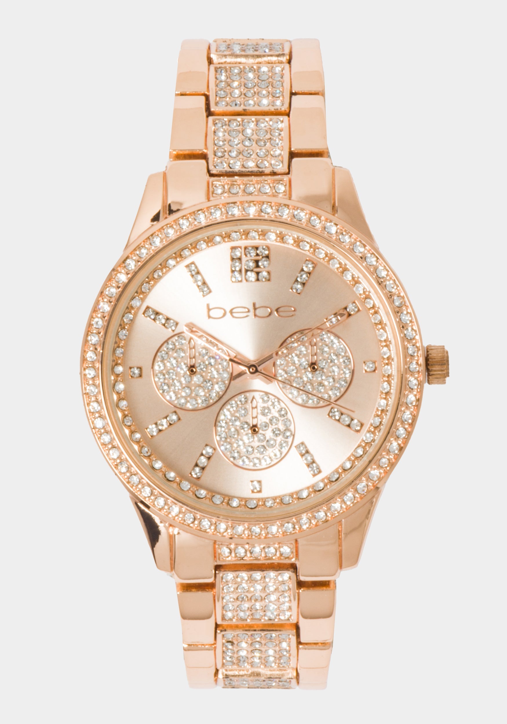 New! Unused! Bebe CHAMPAGNE DIAL CRYSTAL BEZEL WATCH Swarovski Crystal Rose Watch; Metal Bracelet; White; Rose  main image 2
