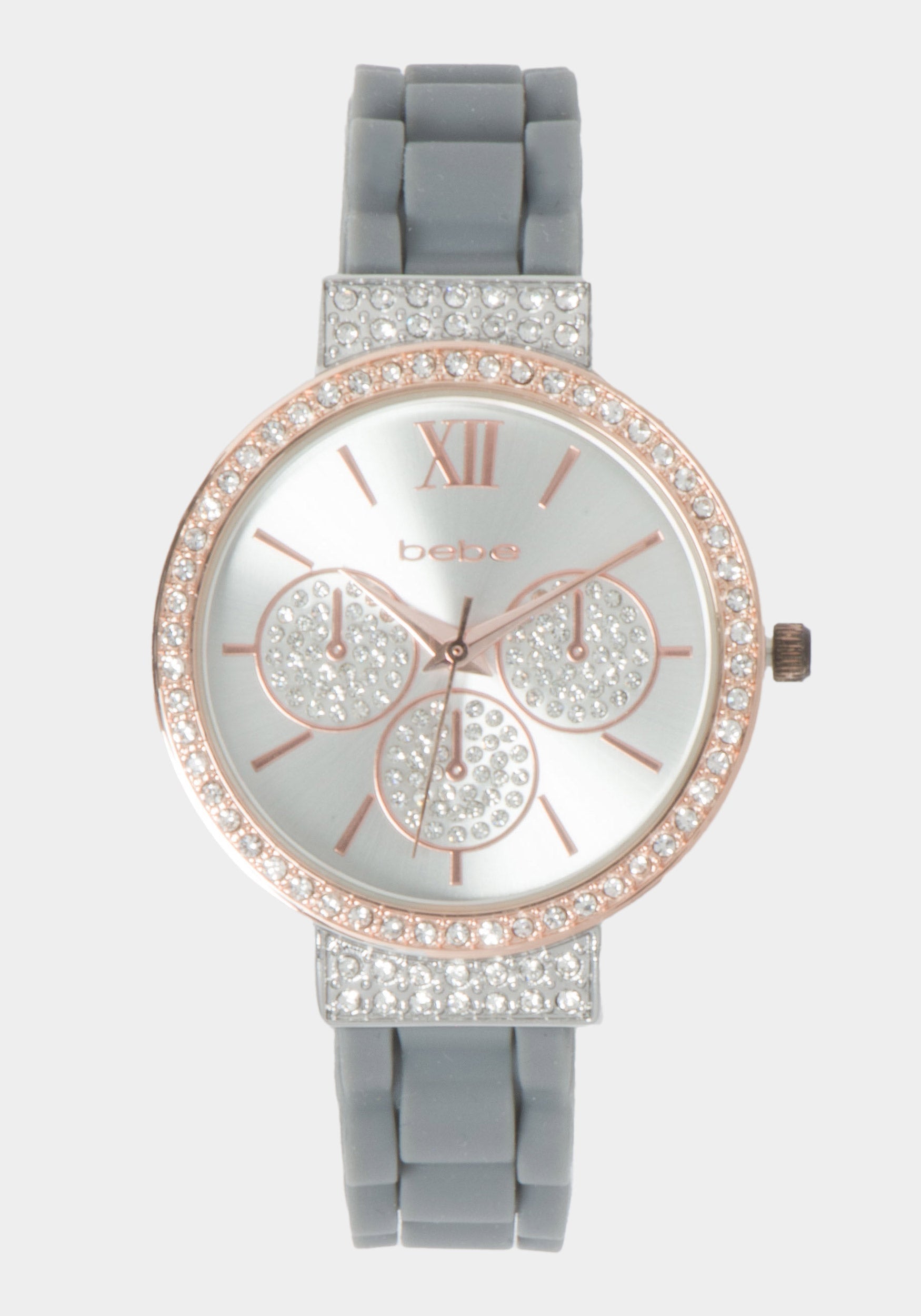 Silver Dial Crystal Bezel Watch - Two-Tone Rose Gold & Grey - bebe