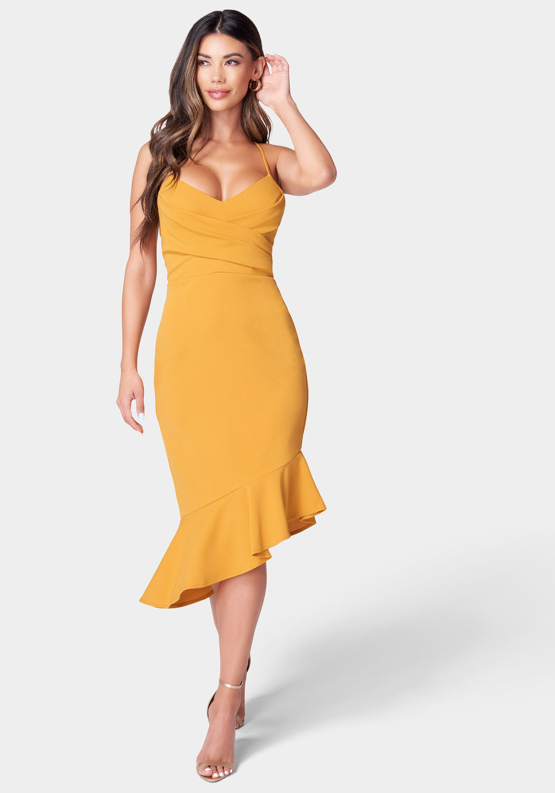 Angled Flounce Midi Dress bebe Angled Flounce Midi Dress bebe