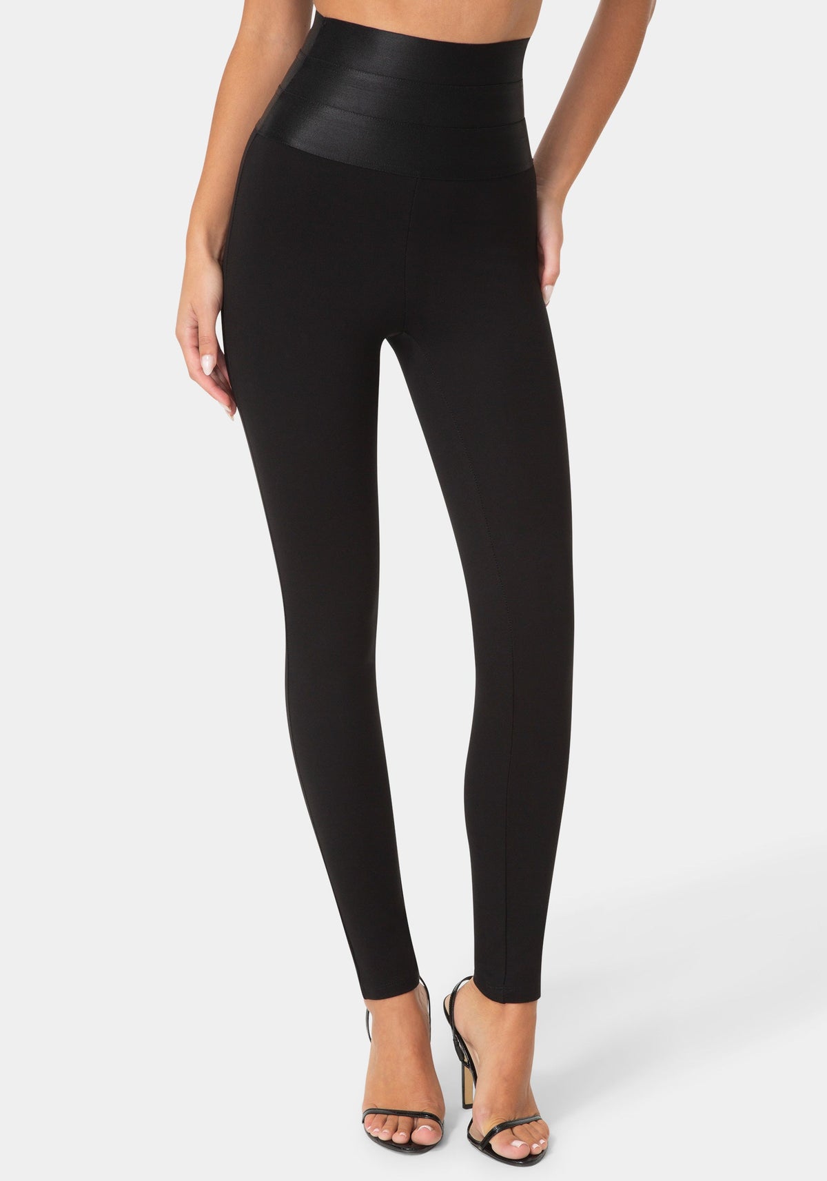 Front View-Satiny High Waist Leggings-Black