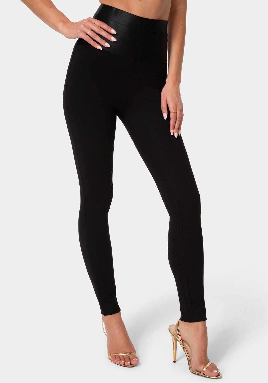 Front View-Satiny High Waist Leggings-Black