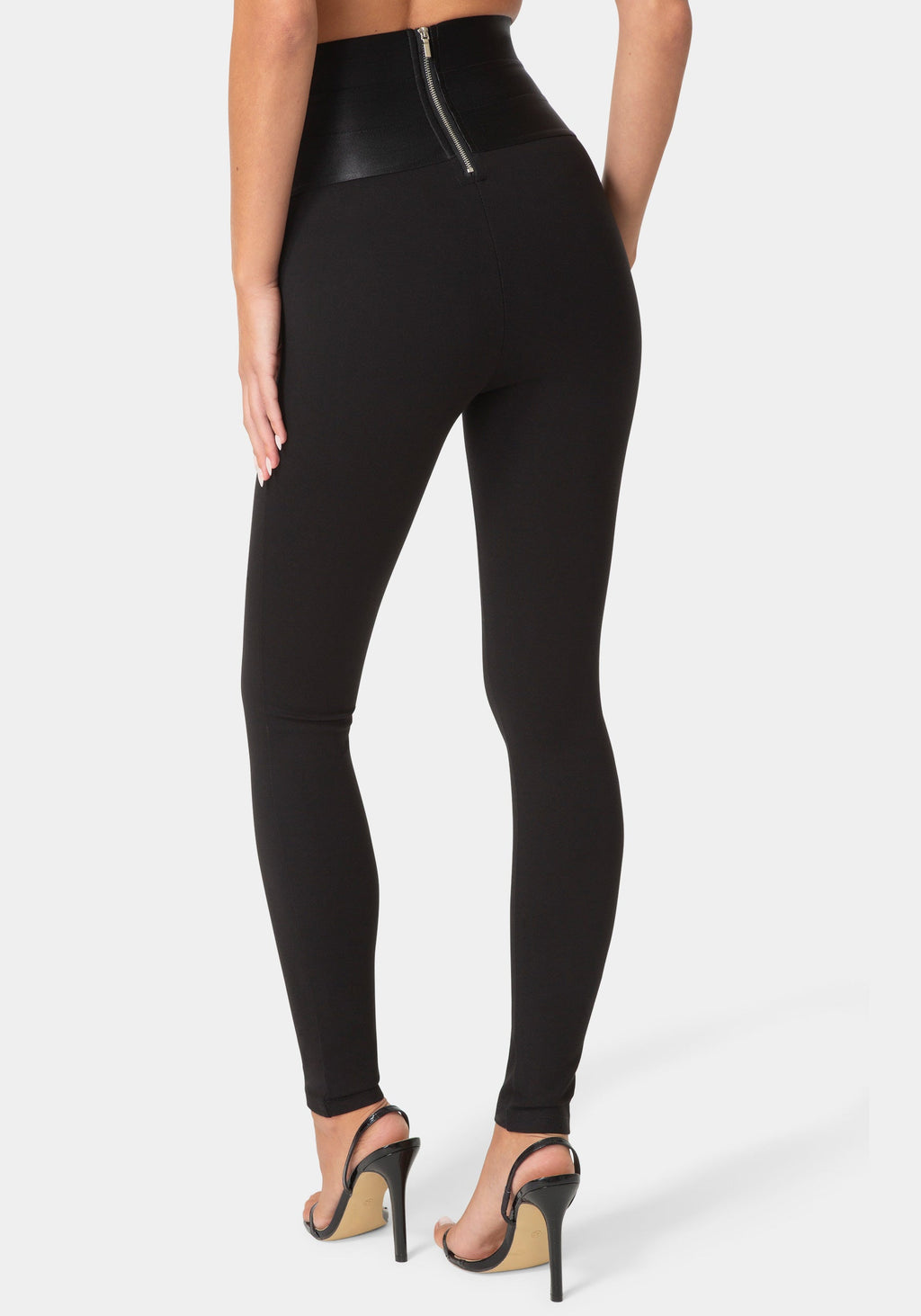 Back View-Satiny High Waist Leggings-Black