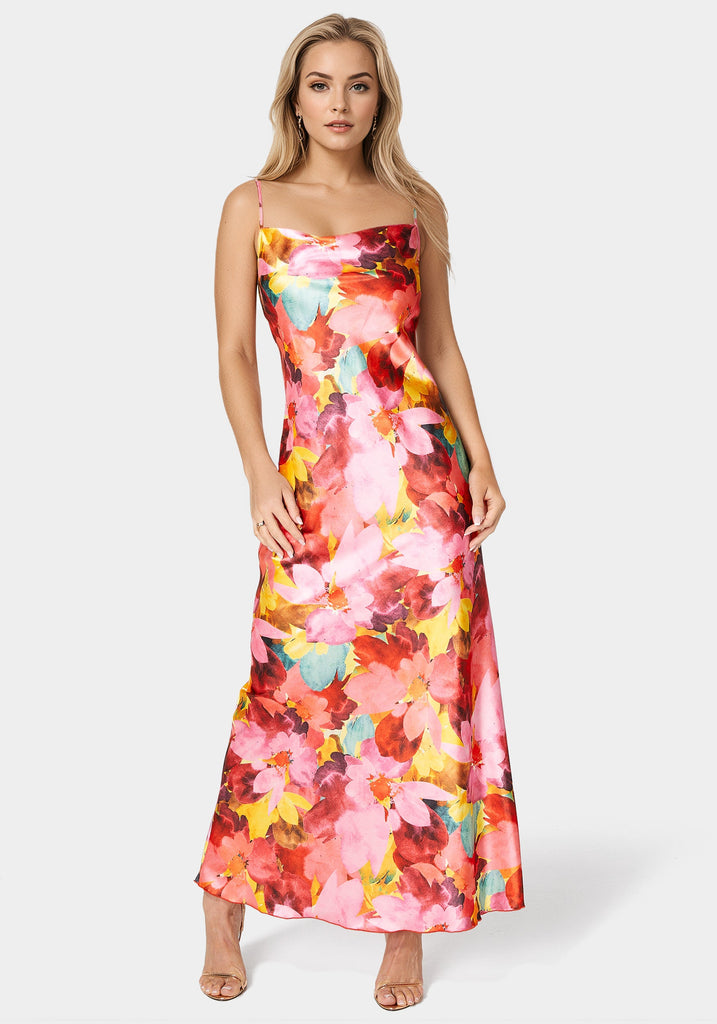 pink and orange floral bridesmaid dress Bebe Women's Print Satin Maxi - It has an invisible JACQUEMUS: Black Le Chouchou Collection: ICONIC Style:Rush Order Fee (need before 21 days)
