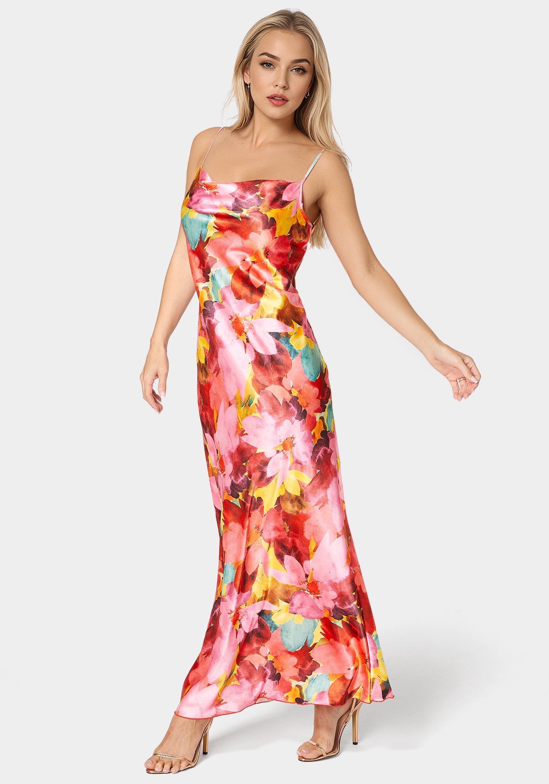 orange floral maxi dress Bebe Women's Print Satin Maxi Dress