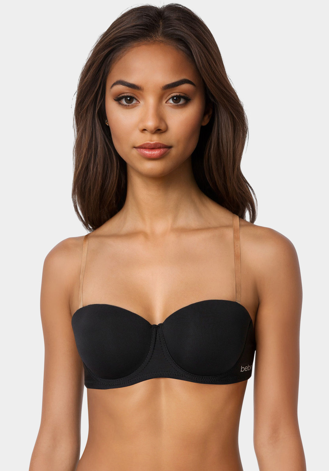 Front View-Bebe Logo Strapless Bra-Black