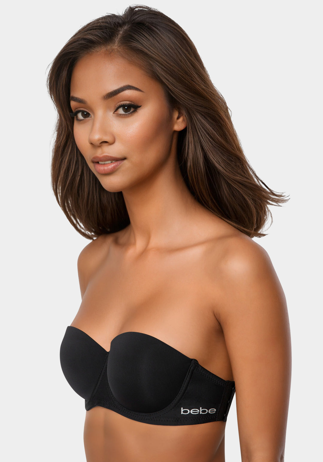 Side View-Bebe Logo Strapless Bra-Black