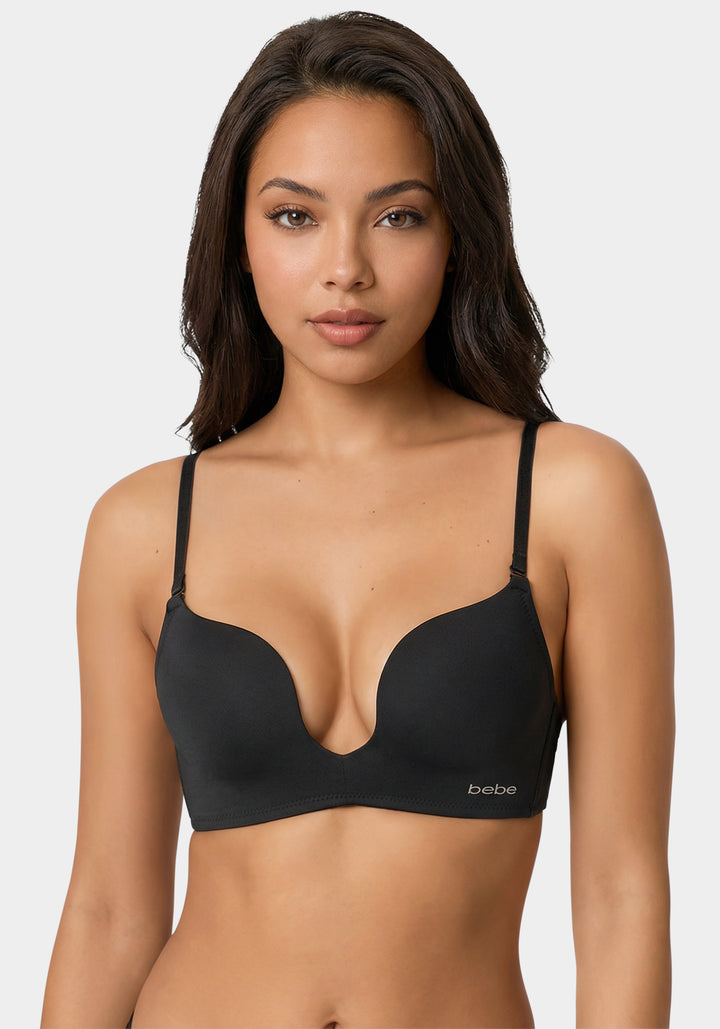 Front View-Bebe Logo Plunge Bra-Black