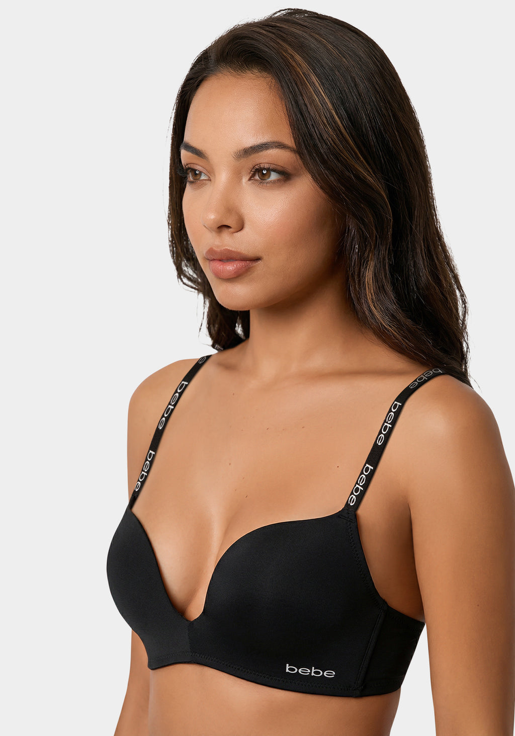Side View-Bebe Logo Plunge Bra-Black