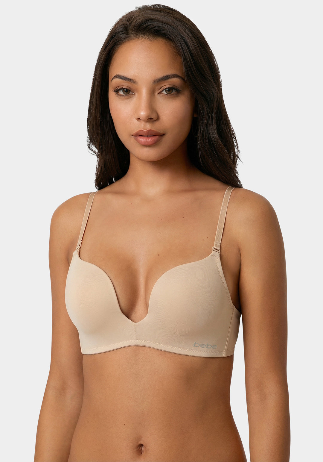 Front View-Bebe Logo Plunge Bra-Soft Nude