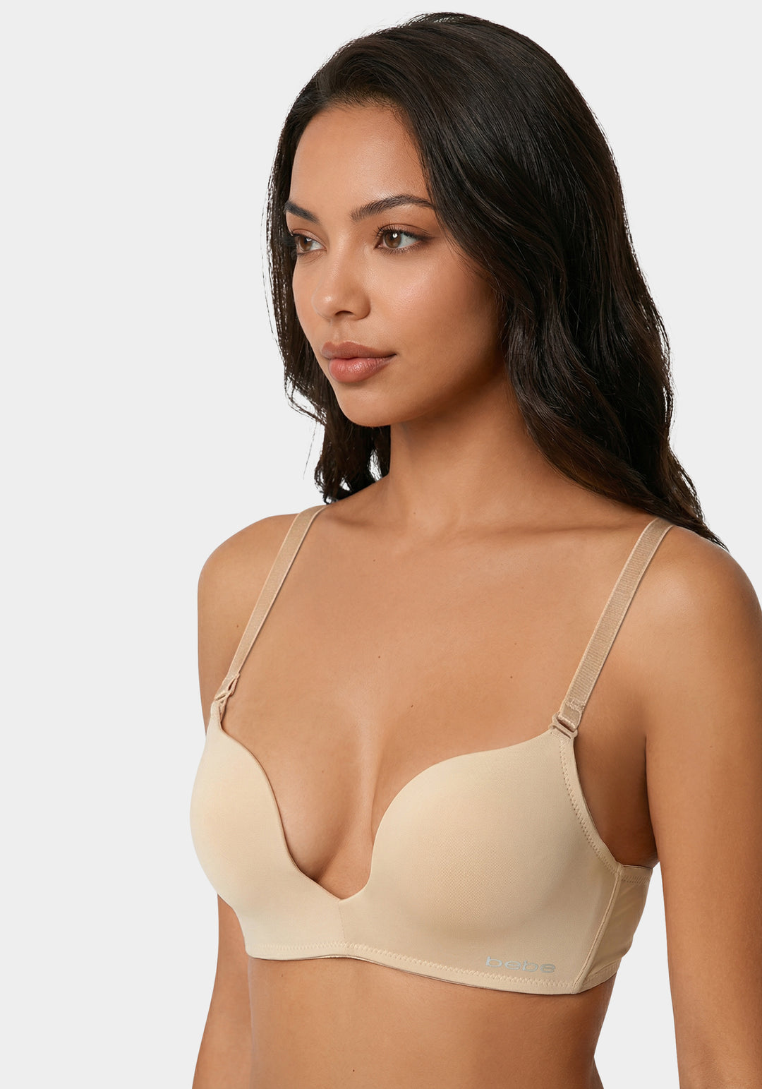 Side View-Bebe Logo Plunge Bra-Soft Nude