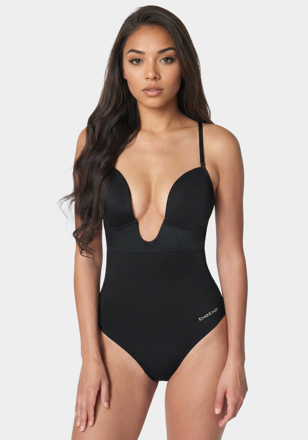 Front View-Plunge Bra Body Shapewear-Black