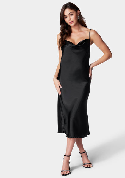 Satin Cowl Neck Slip Midi Dress Black