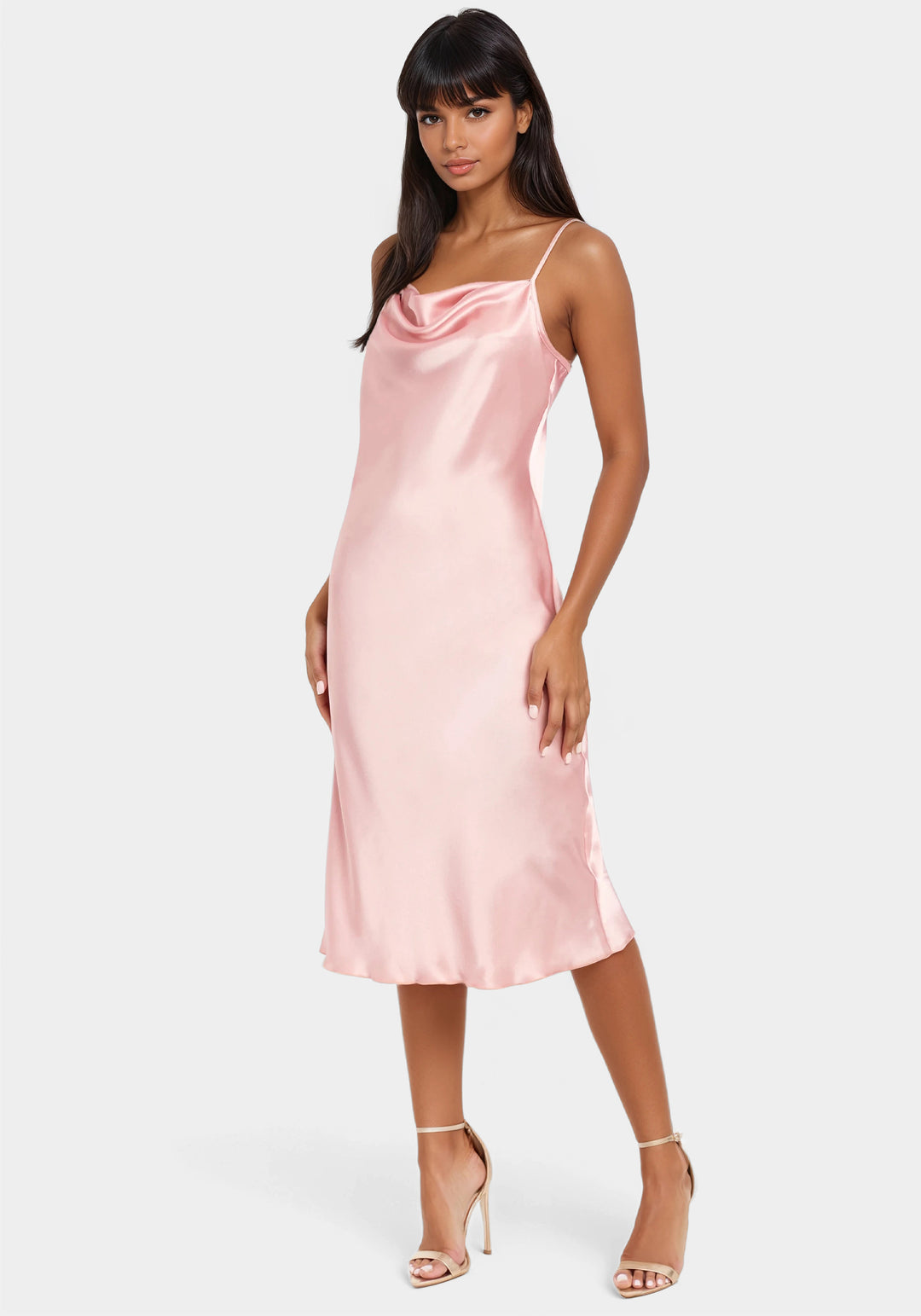 Front View-Satin Cowl Neck Slip Midi Dress-Rose