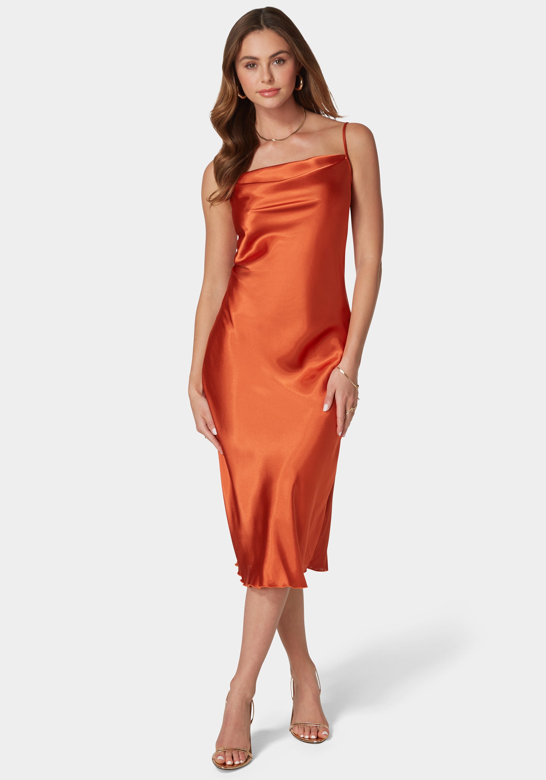 Satin Cowl Neck Slip Midi Dress