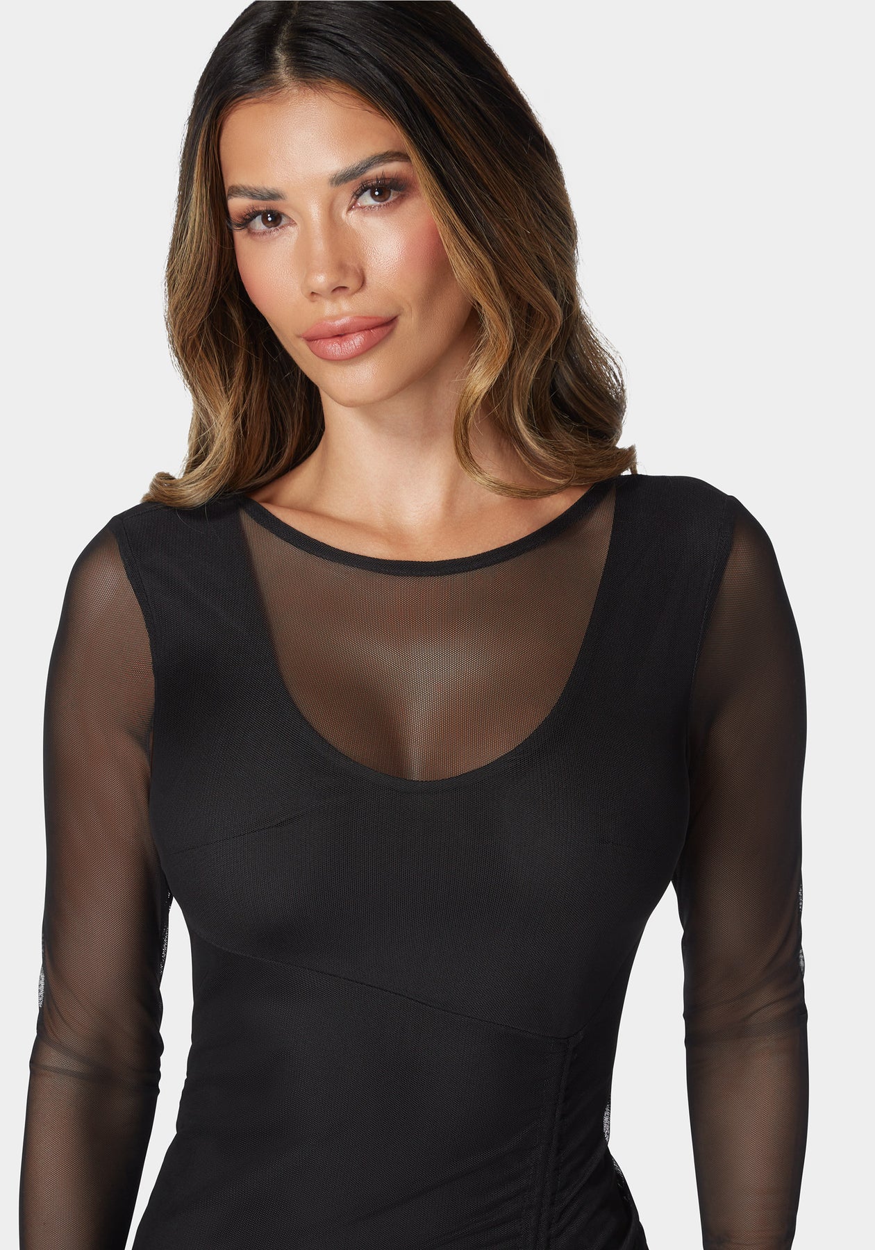 Long Sleeve Mesh Ruched Dress Black - bebe Long Sleeve Mesh Ruched Dress Black - bebe