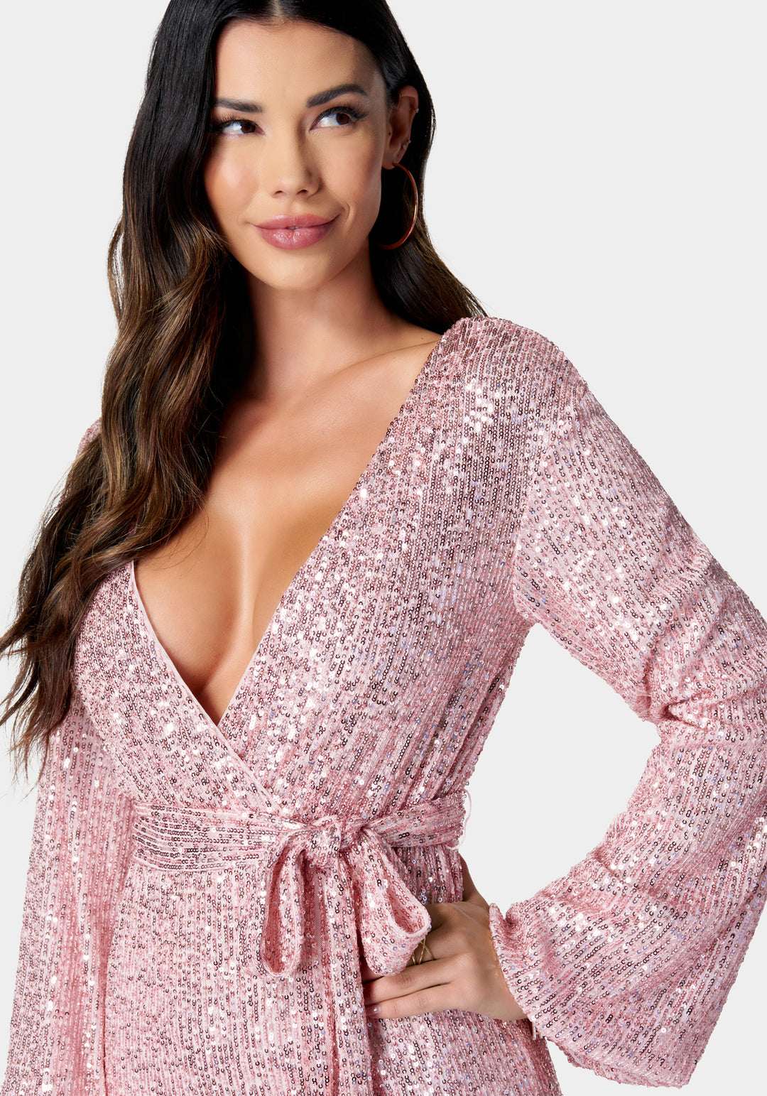 Sequin Tie Front Dress Rose - bebe Sequin Tie Front Dress Rose - bebe