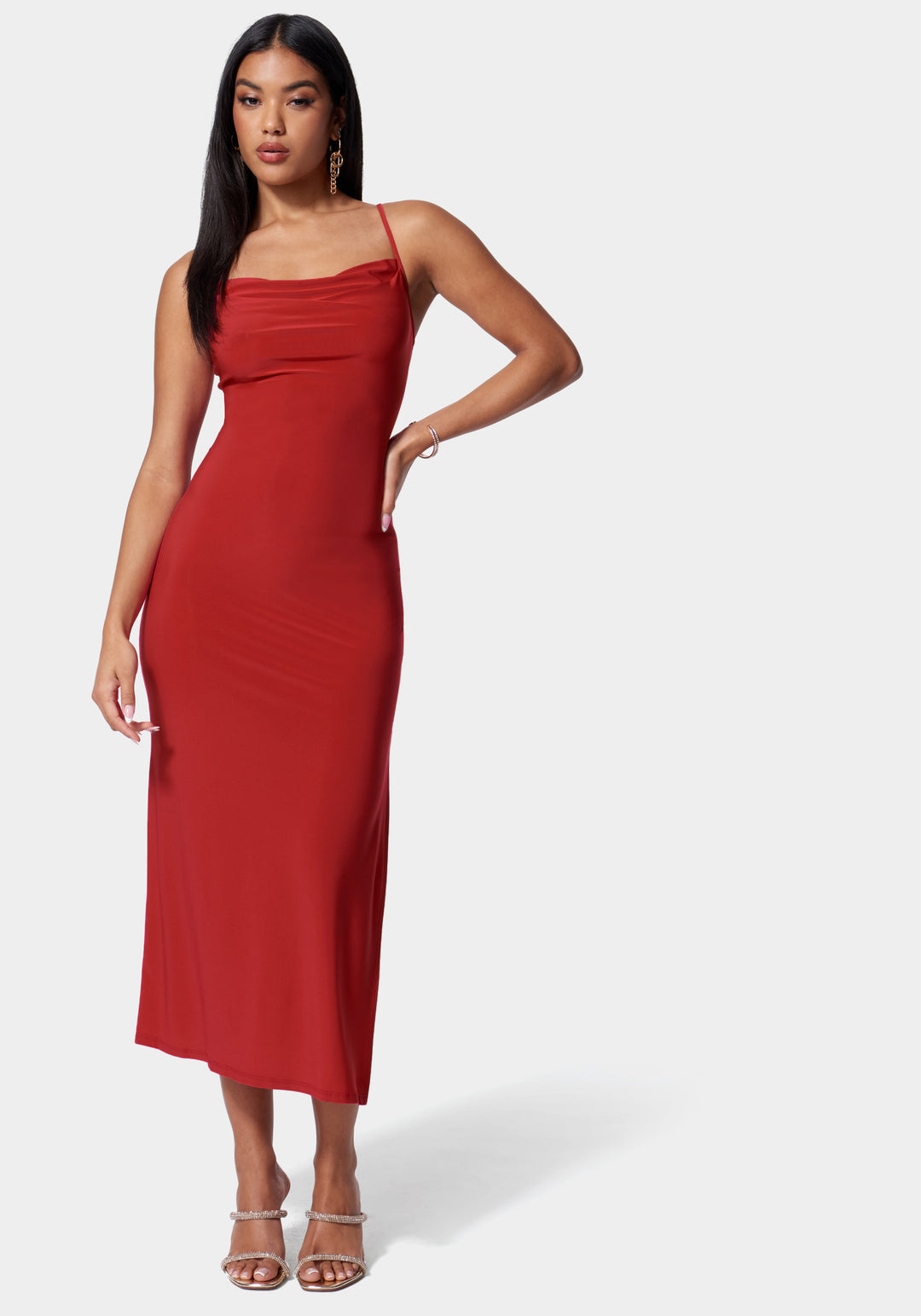 Cowl Neck Spaghetti Strap Slit Maxi Red - bebe Cowl Neck Spaghetti Strap Slit Maxi Red - bebe