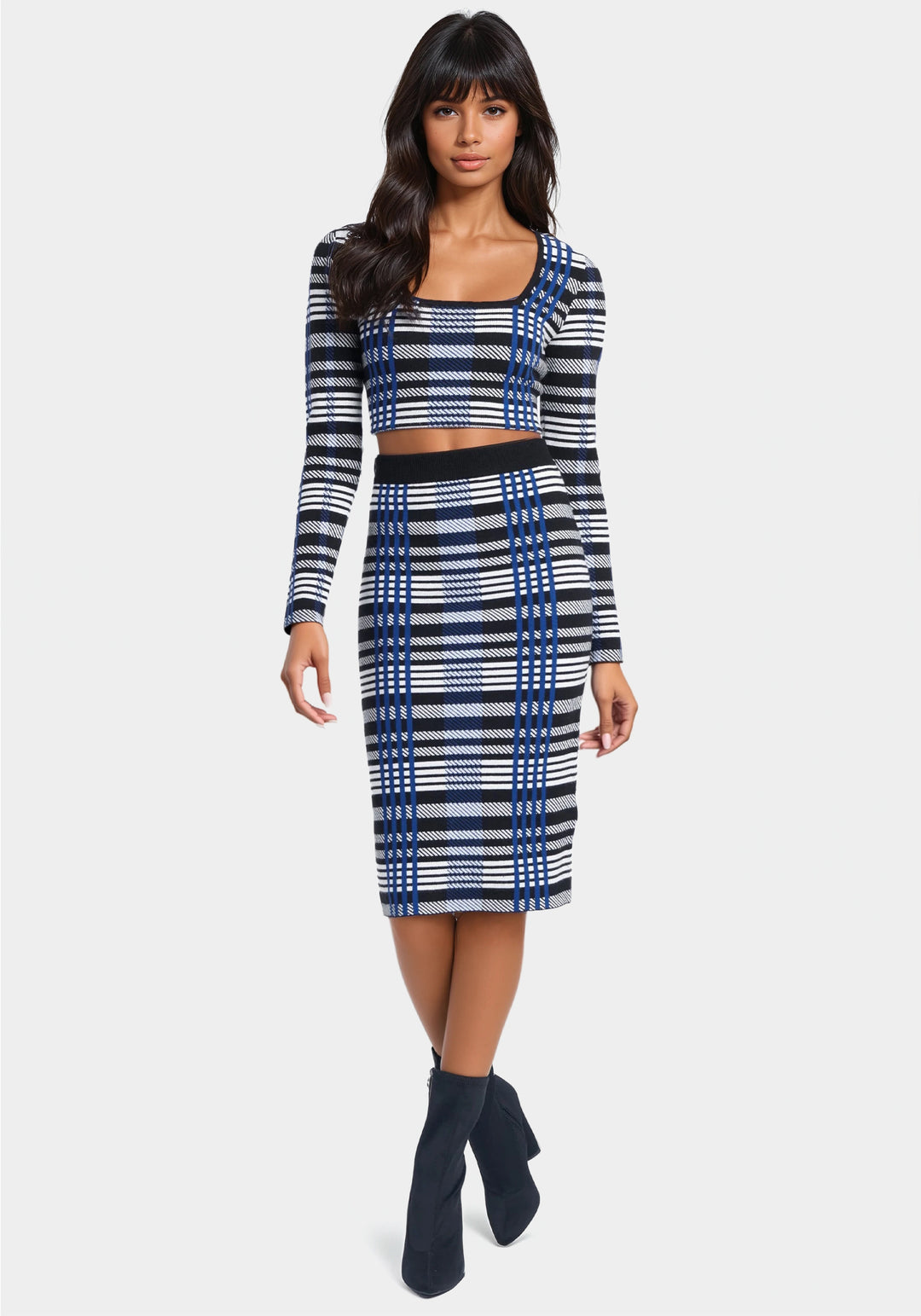 Plaid Long Sleeve Two Piece Sweater Dress-Front View-Plaid