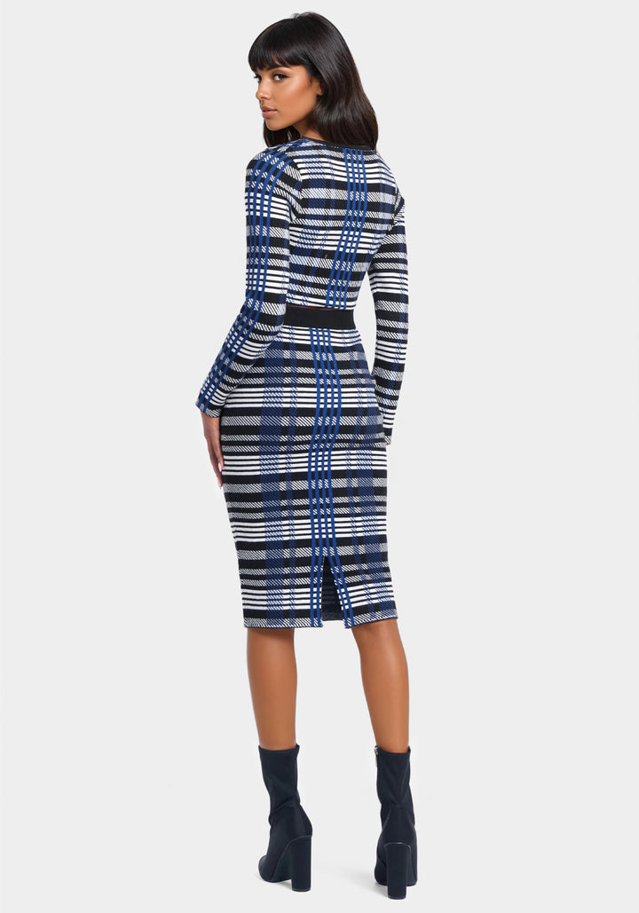 Plaid Long Sleeve Two Piece Sweater Dress-Back View-Plaid