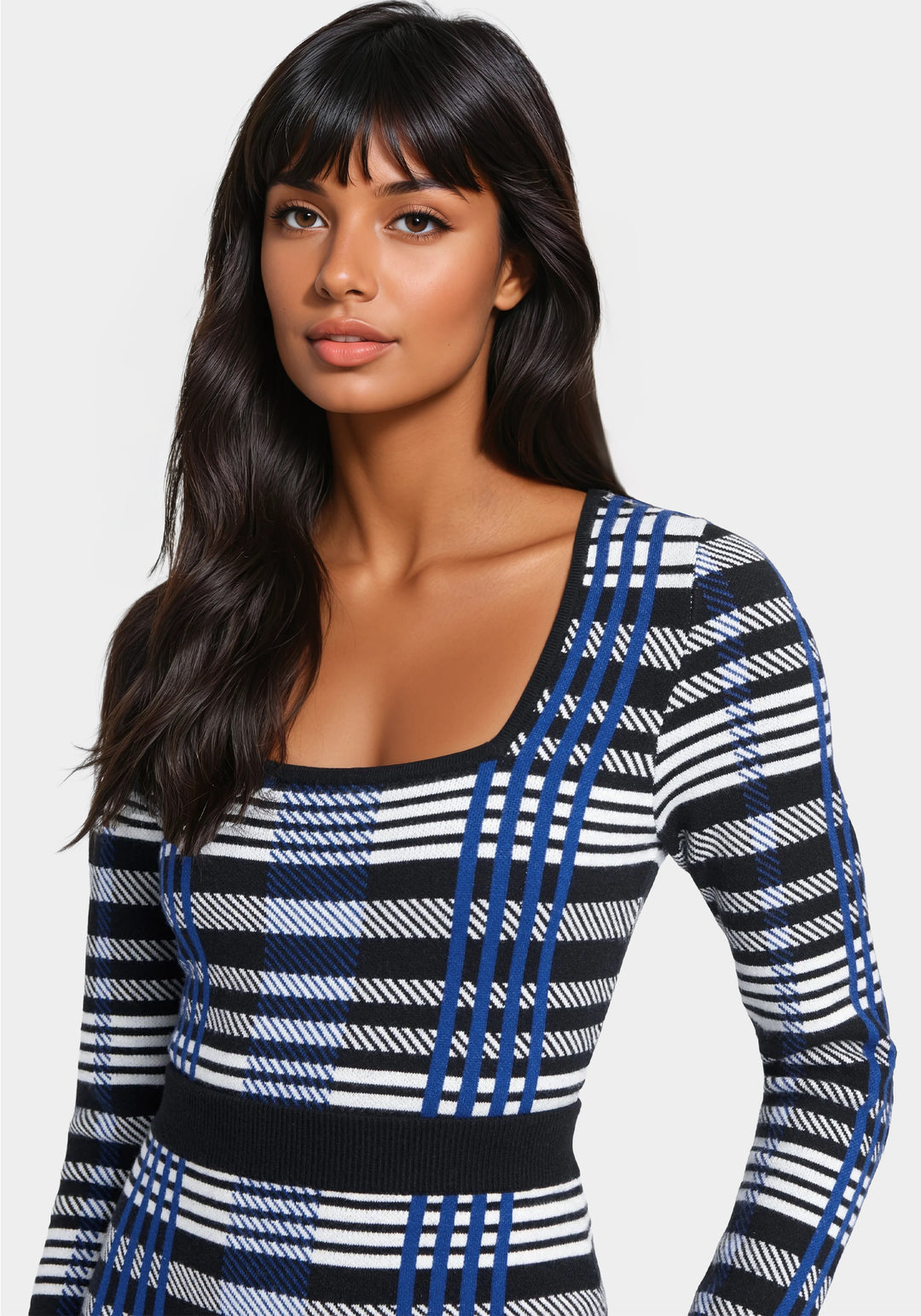 Plaid Long Sleeve Two Piece Sweater Dress-Detail View-Plaid