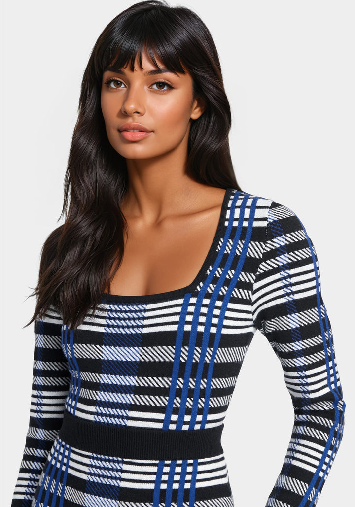 Plaid Long Sleeve Two Piece Sweater Dress-Detail View-Plaid