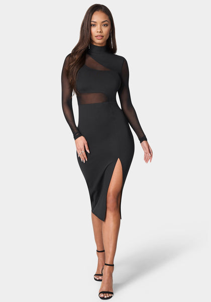Bebe Women's Mesh Inset Long Sleeve Midi Dress