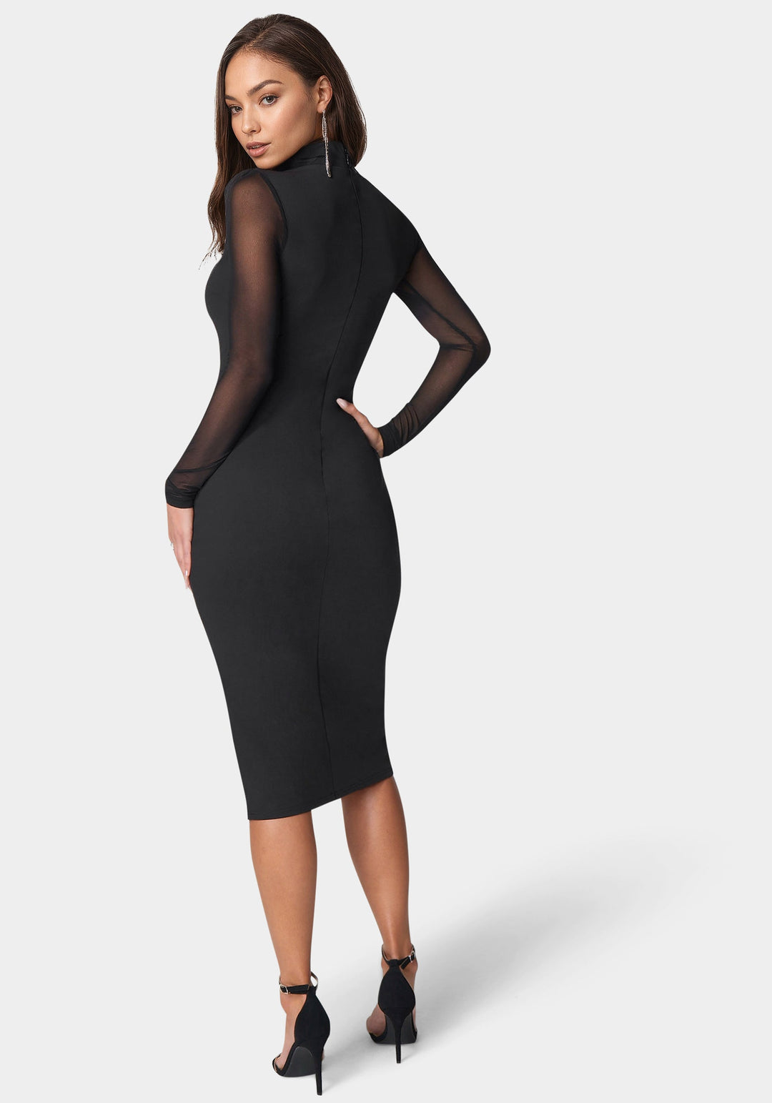 Mesh Inset Long Sleeve Midi Dress Black