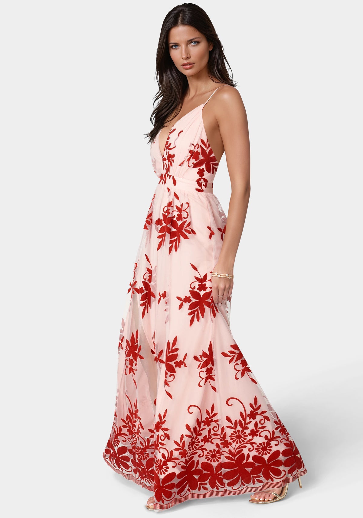 Side View-Plunge Neck Embroidered Maxi Dress-Pink