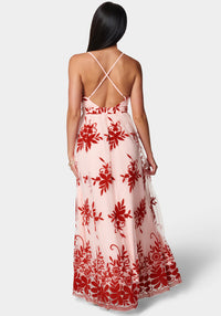 Back View-Plunge Neck Embroidered Maxi Dress-Pink