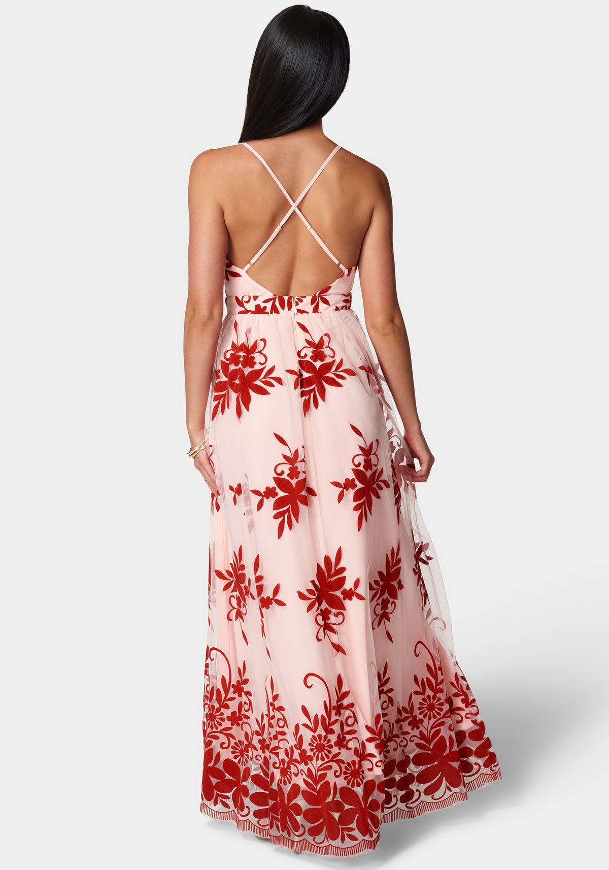Back View-Plunge Neck Embroidered Maxi Dress-Pink