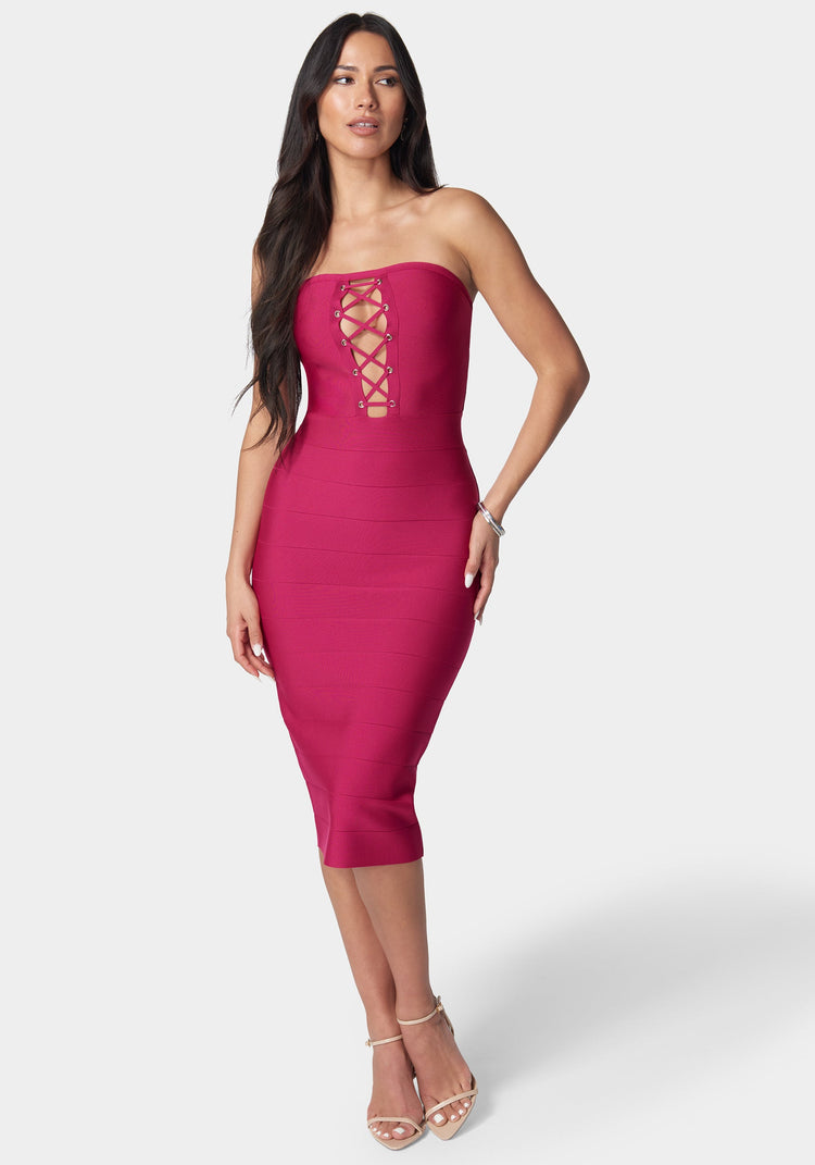 Bebe Women s Bandage Lace Up Strapless Dress Fuchsia