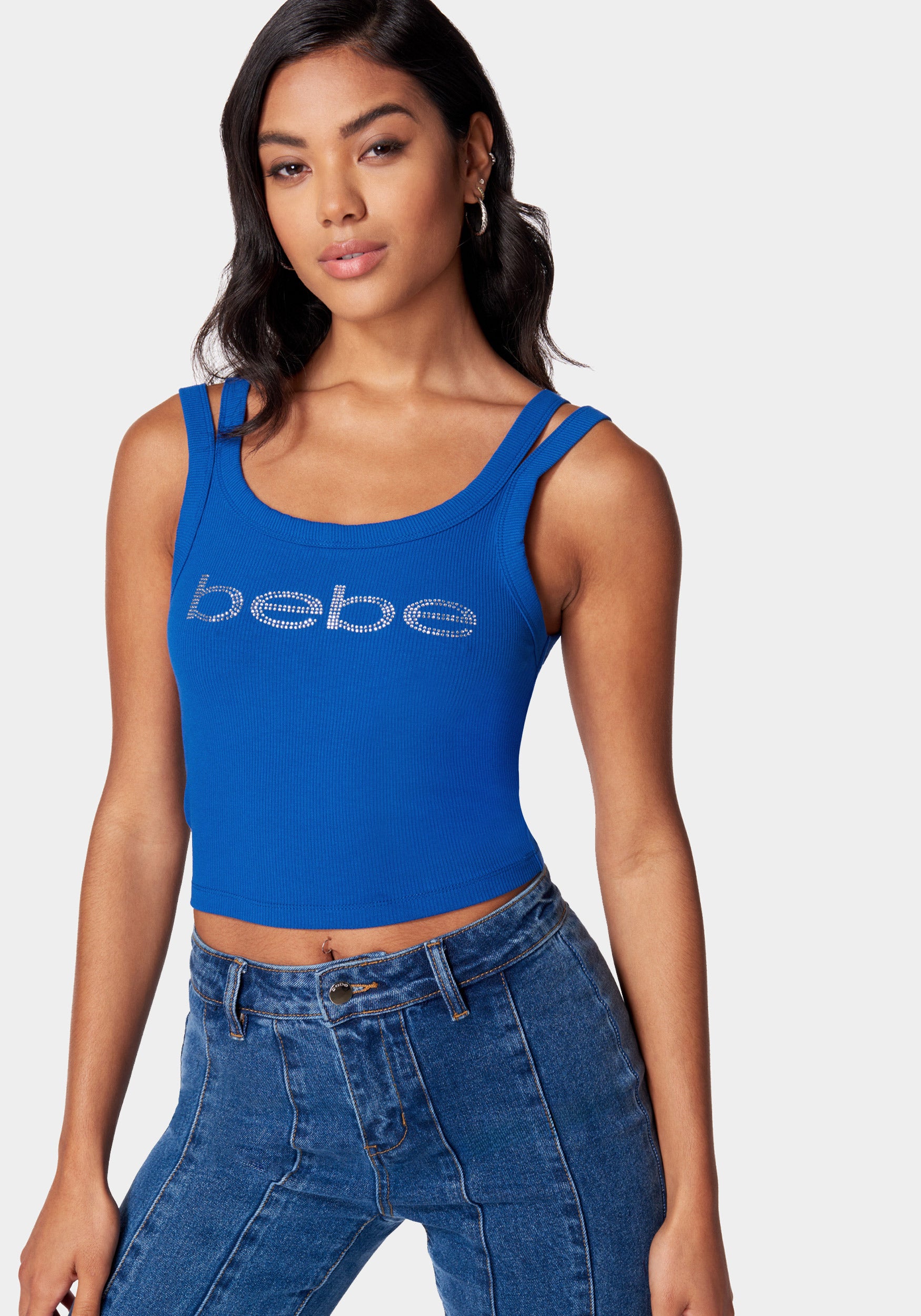 【CRITIC】BEBE X CRITIC WORMHOLE LOGO HOTFIX CROP FIT T Rhinestone Logo Cropped Tank | bebe