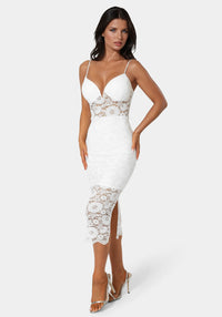 Front View-Lace-Up Back Midi Dress-WHITE