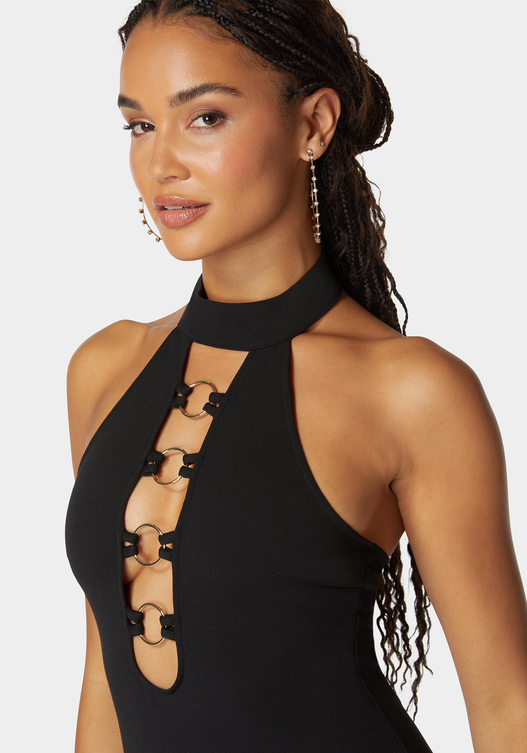 Ring Detail Plunge Neck Mini Dress – bebe