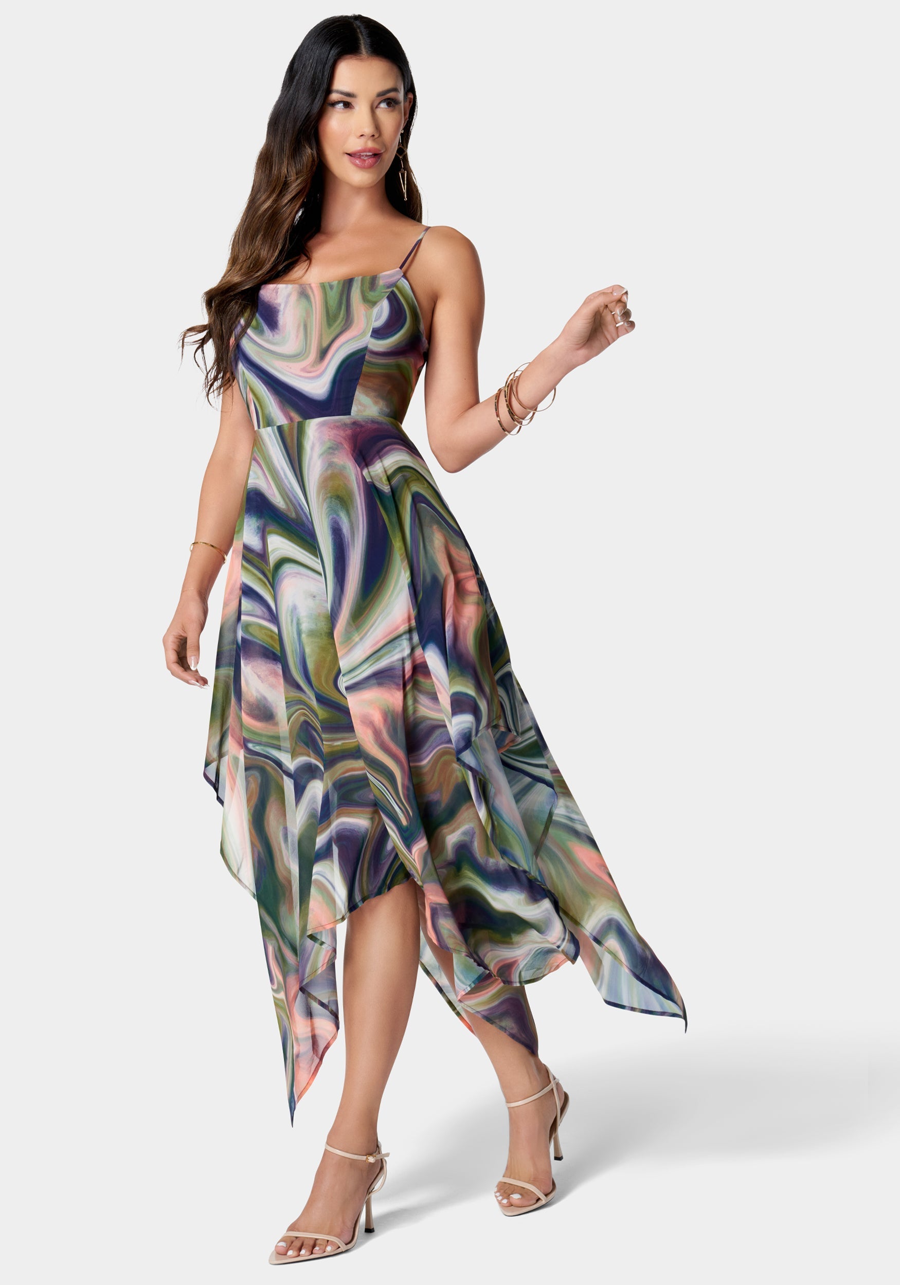 Waist Tie Shirt Dress with Bubble Sleeve in Balearic Bebe