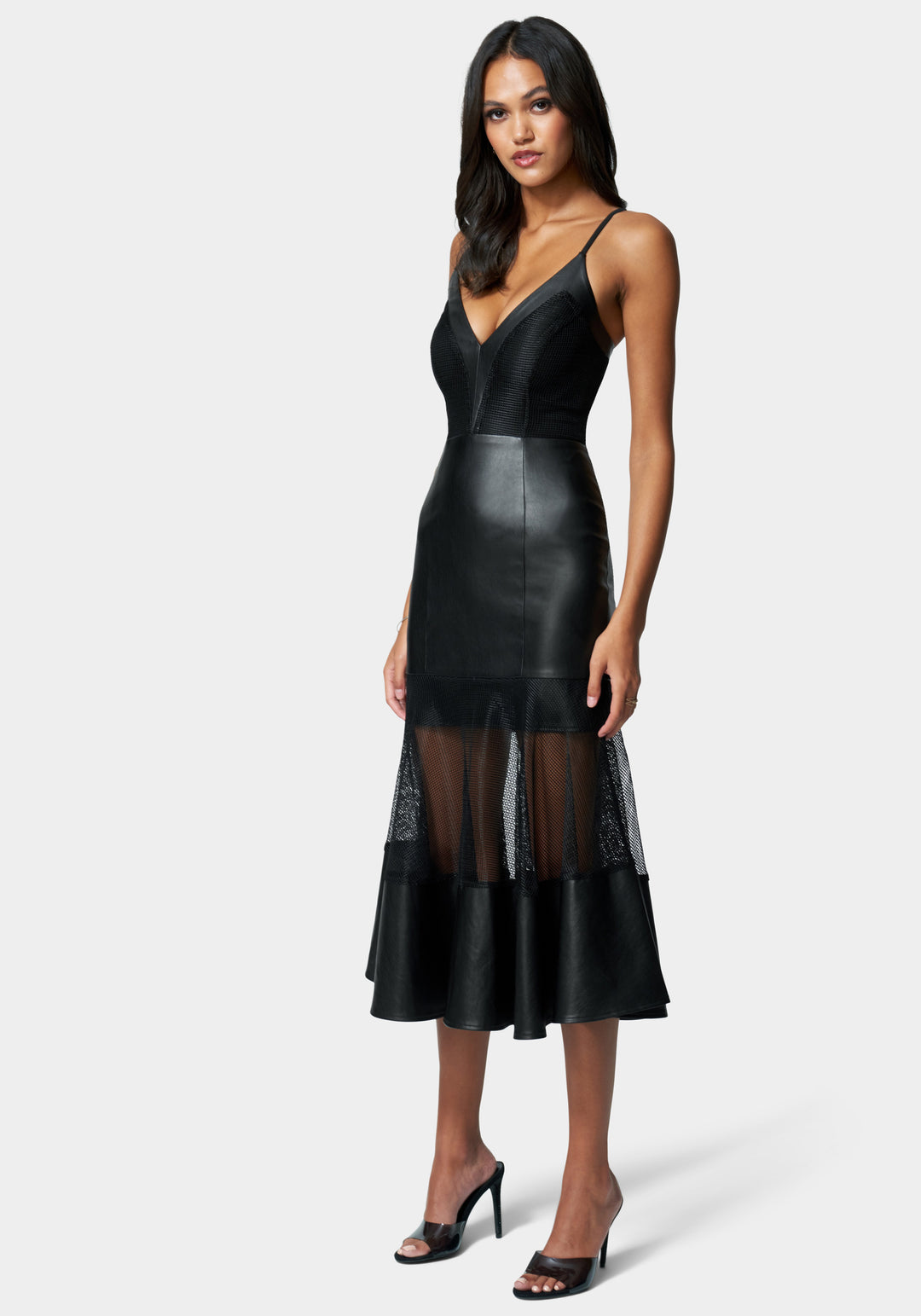 Mesh And Vegan Leather Flare Dress Mesh And Vegan Leather Flare Dress