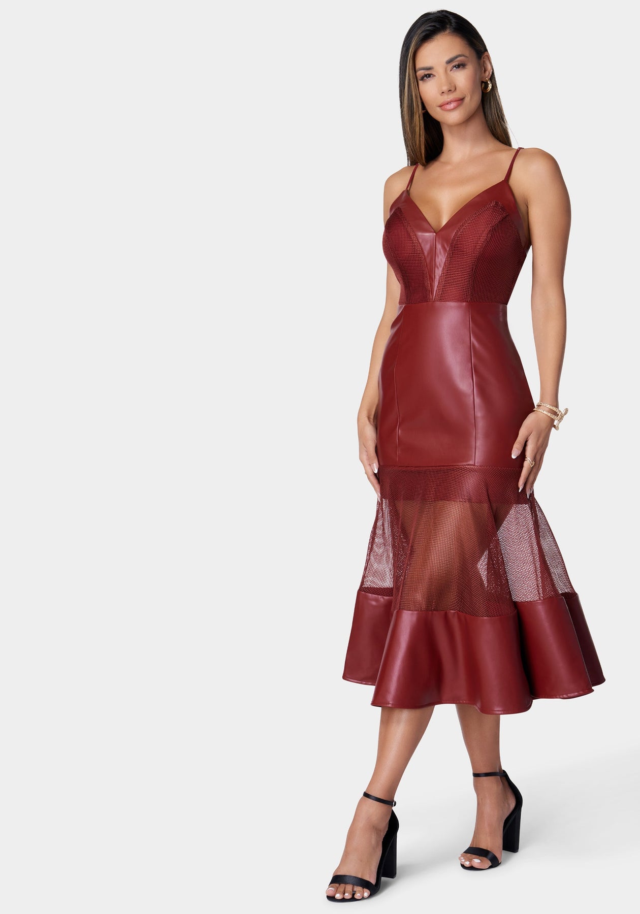 Mesh And Faux Leather Flare Dress bebe Mesh And Faux Leather Flare Dress bebe