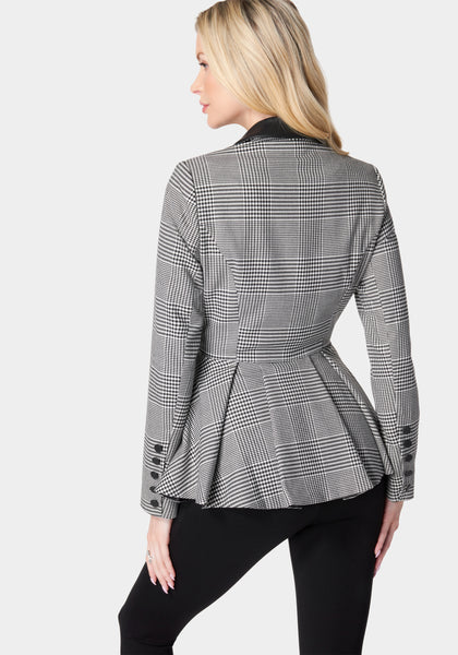 Glen Check Vegan Leather Combo Peplum Jacket | bebe