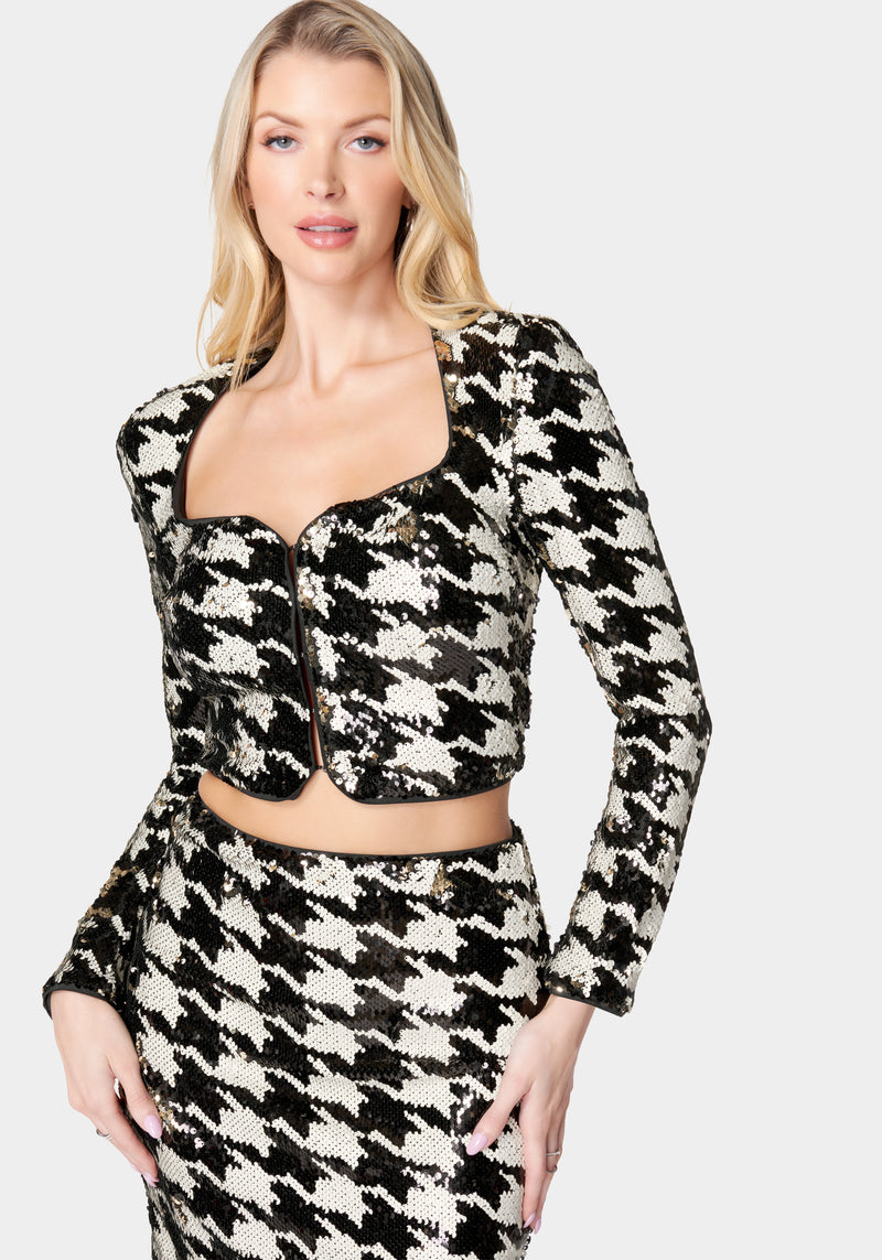 Sequin Houndstooth Notch Front Jacket | bebe
