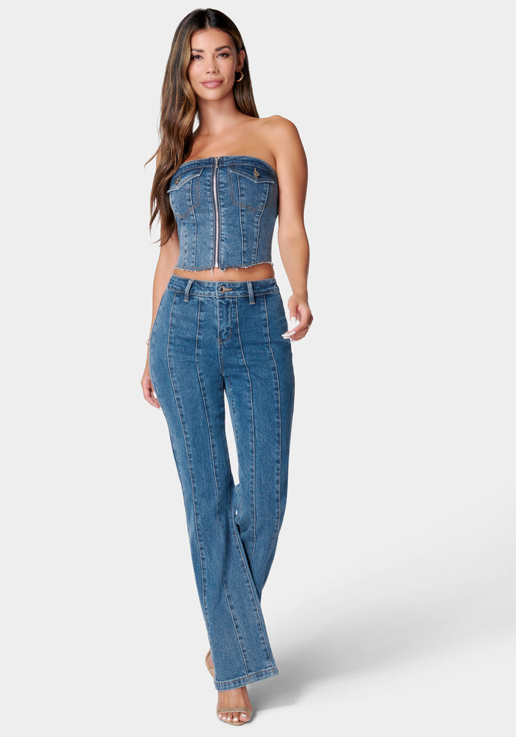 Tie Back Denim Square Neck Corset Bustier in Last Rodeo Indigo