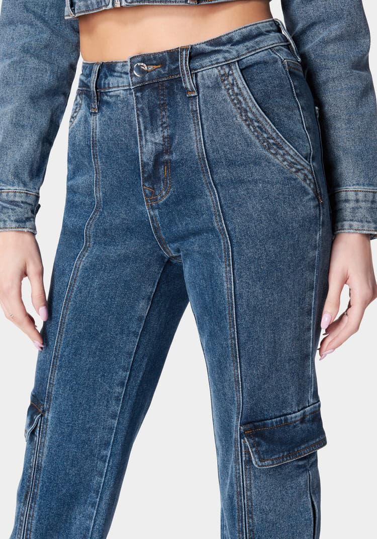 Natural Waist Wide Leg Cargo Denim Jeans
