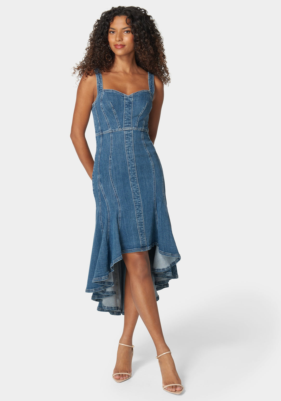 Sweetheart Neck Trumpet Denim Dress bebe Sweetheart Neck Trumpet Denim Dress bebe