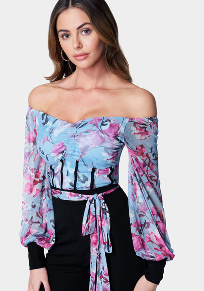 Printed Mesh Off Shoulder Catsuit | bebe
