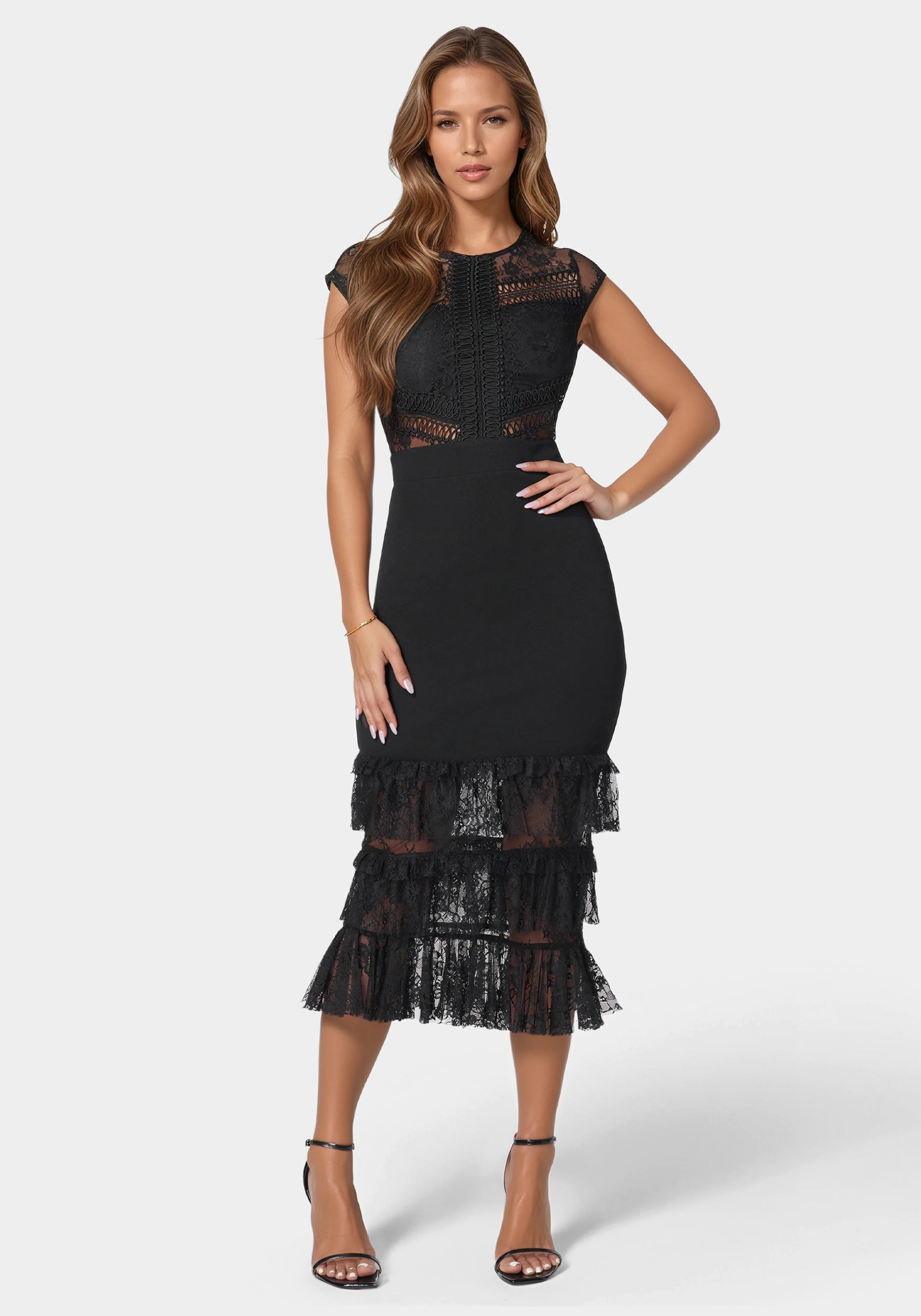 Bebe Women's Tiered Lace Midi Dress
