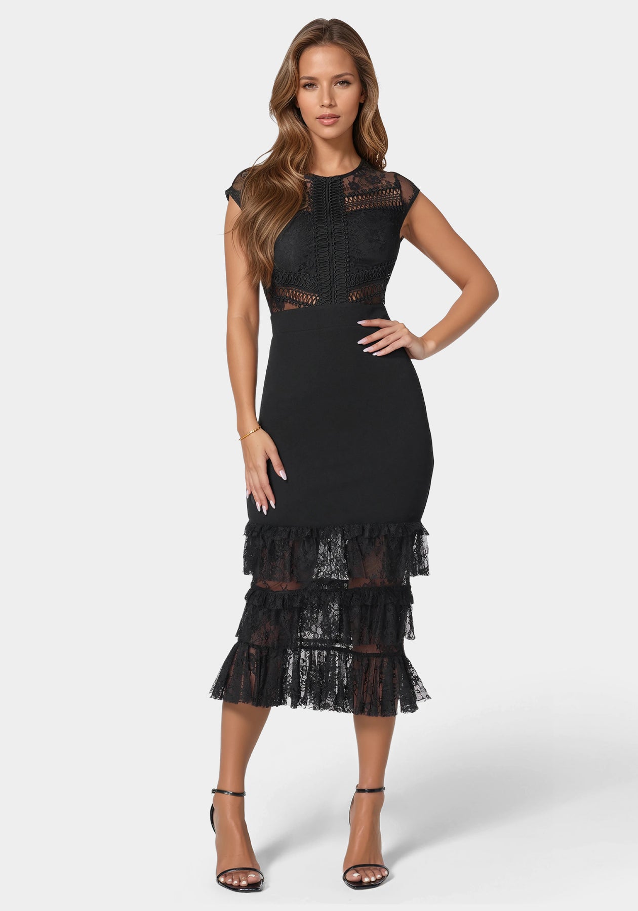 Bebe Women's Tiered Lace Midi Dress - Black Bebe Women's Tiered Lace Midi Dress - Black