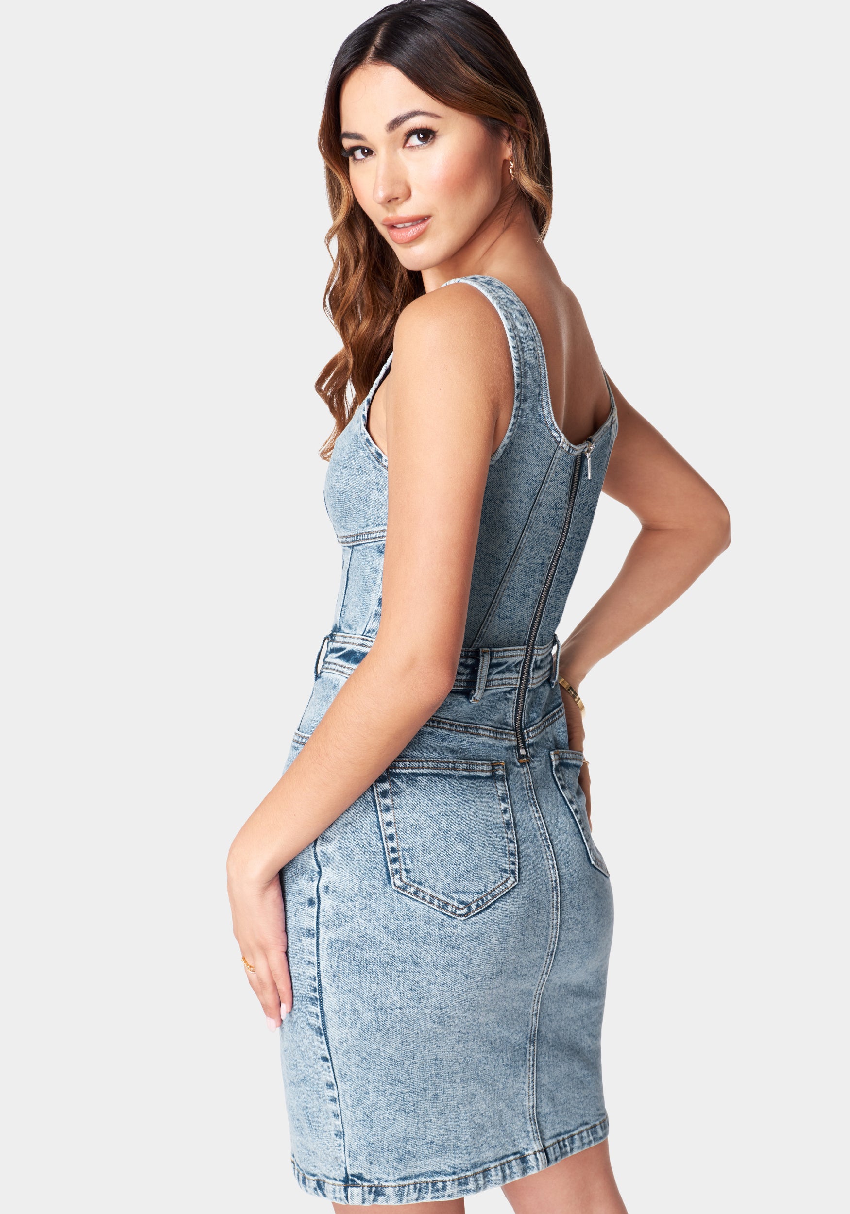 Side Slit Washed Scoop Neck Denim Dress main image 1